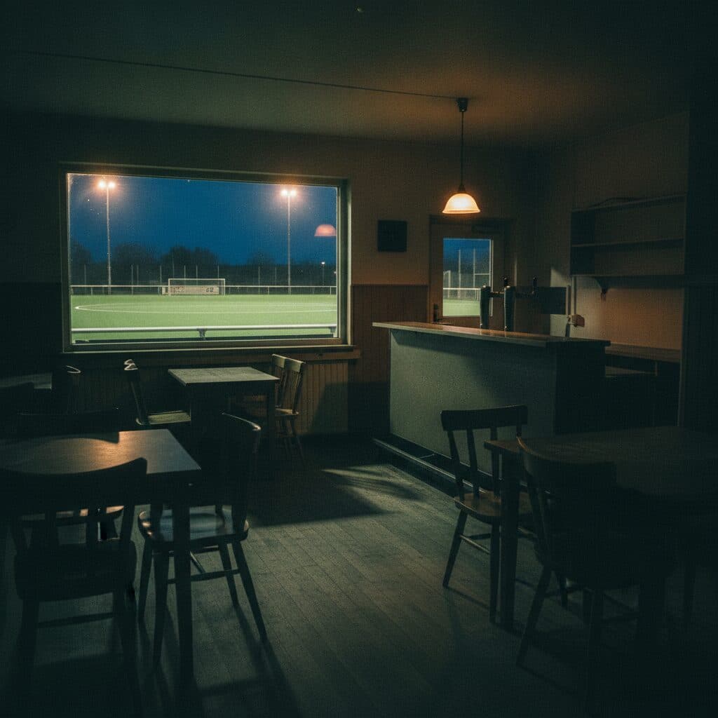 Blick durch die Fensterfront des Clubhauses auf den Platz