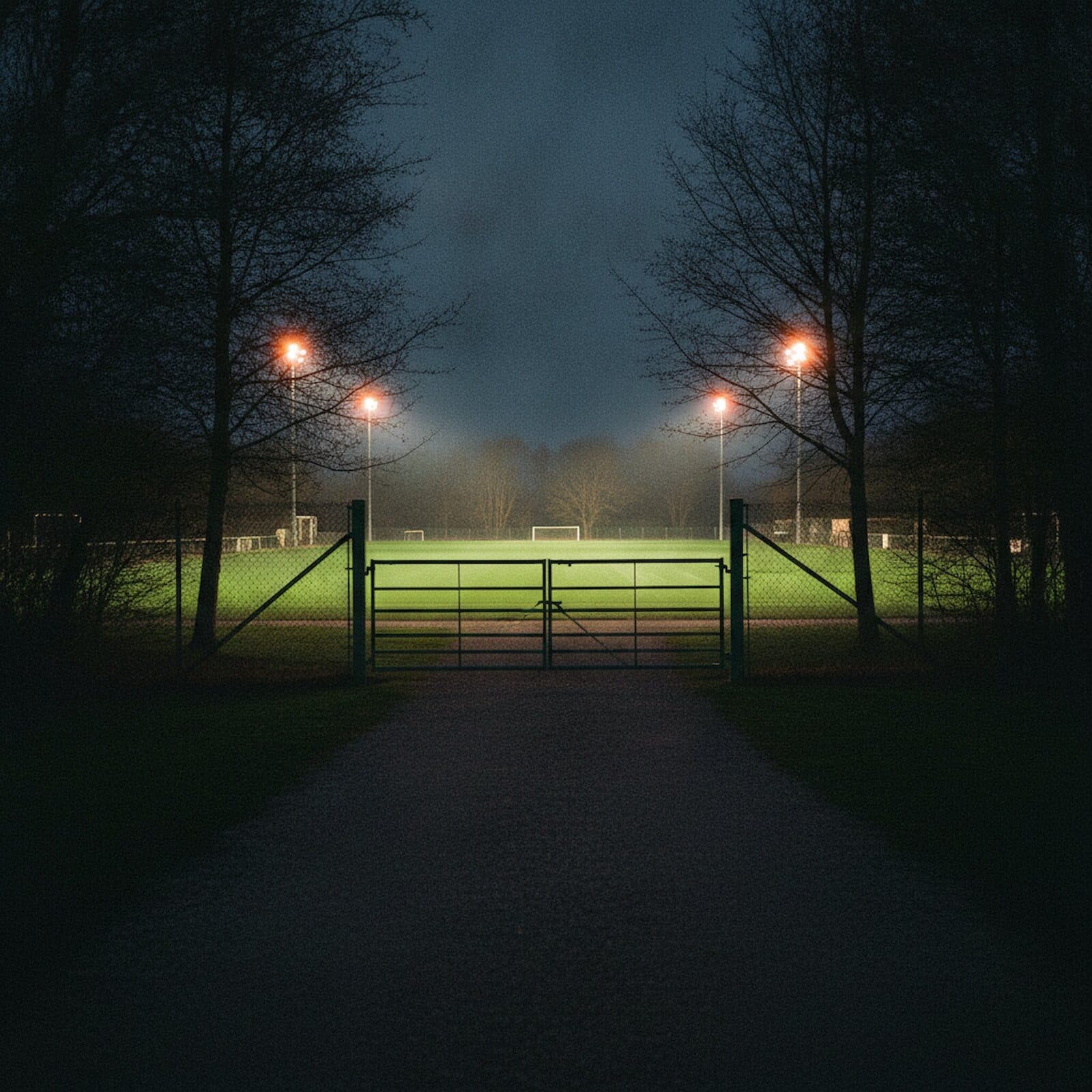 Der Zugang zur Sportanlage Brühlwiese am Abend