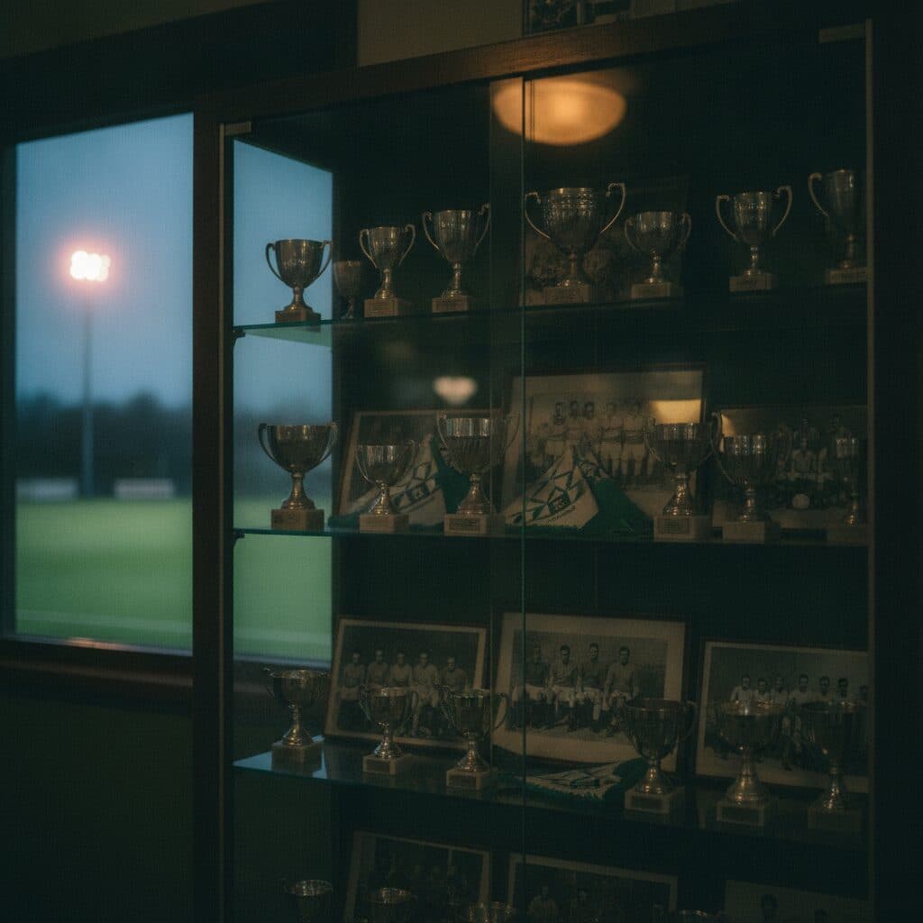 Pokalvitrine mit Mannschaftsfotos im Vereinsheim