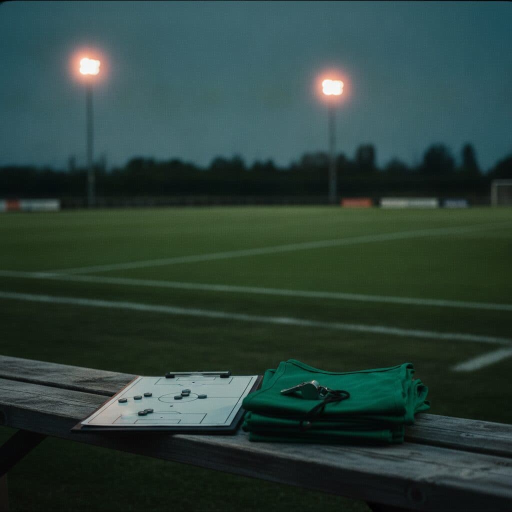 Taktiktafel und Trainingswesten auf einer Bank am Spielfeldrand der Brühlwiese